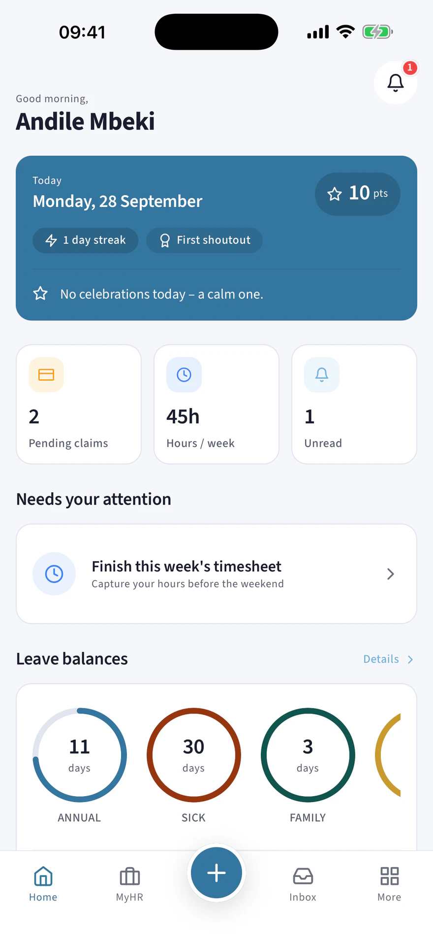 HRify mobile home screen with pending claims, hours this week and leave balances