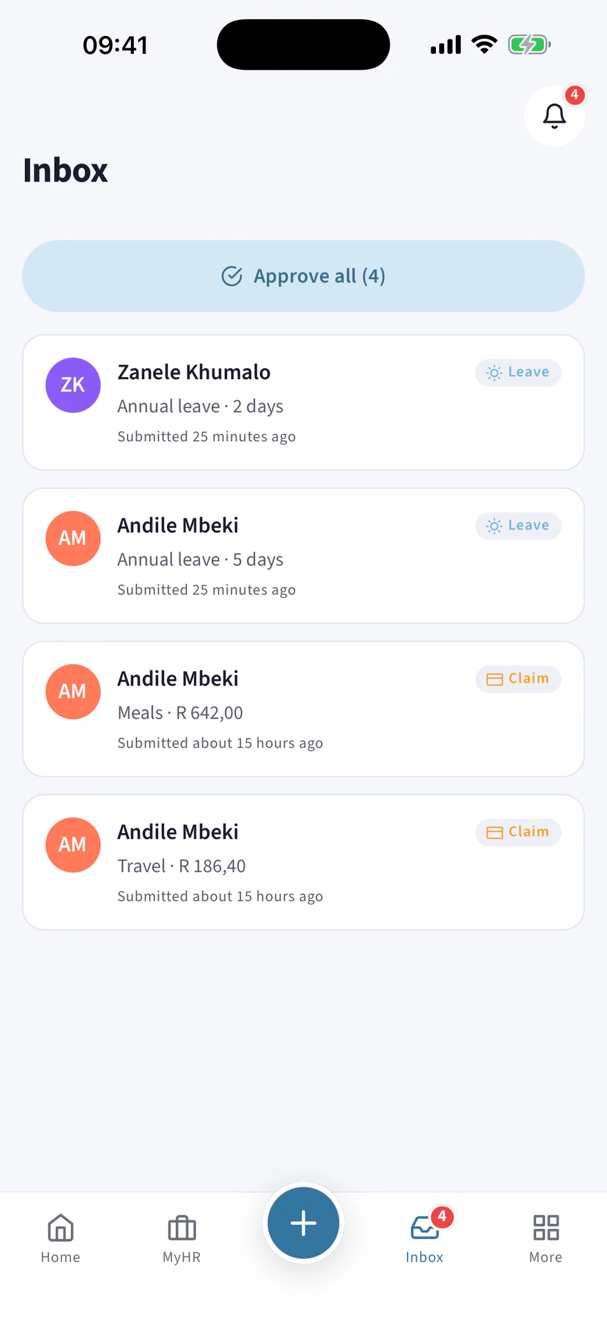 A manager’s HRify approvals inbox with leave, timesheet and claim requests