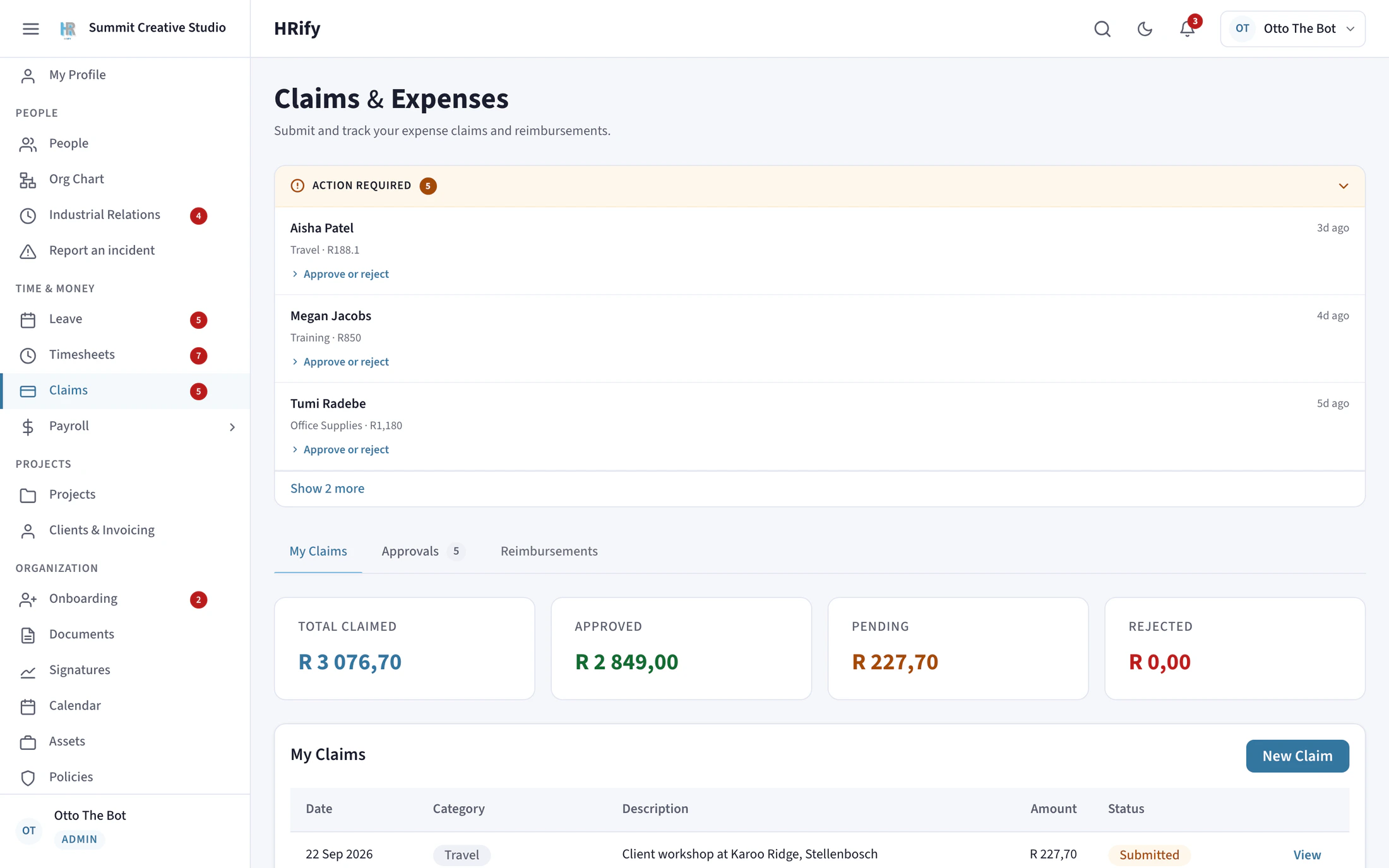 The Claims screen in HRify with expense claims and their status