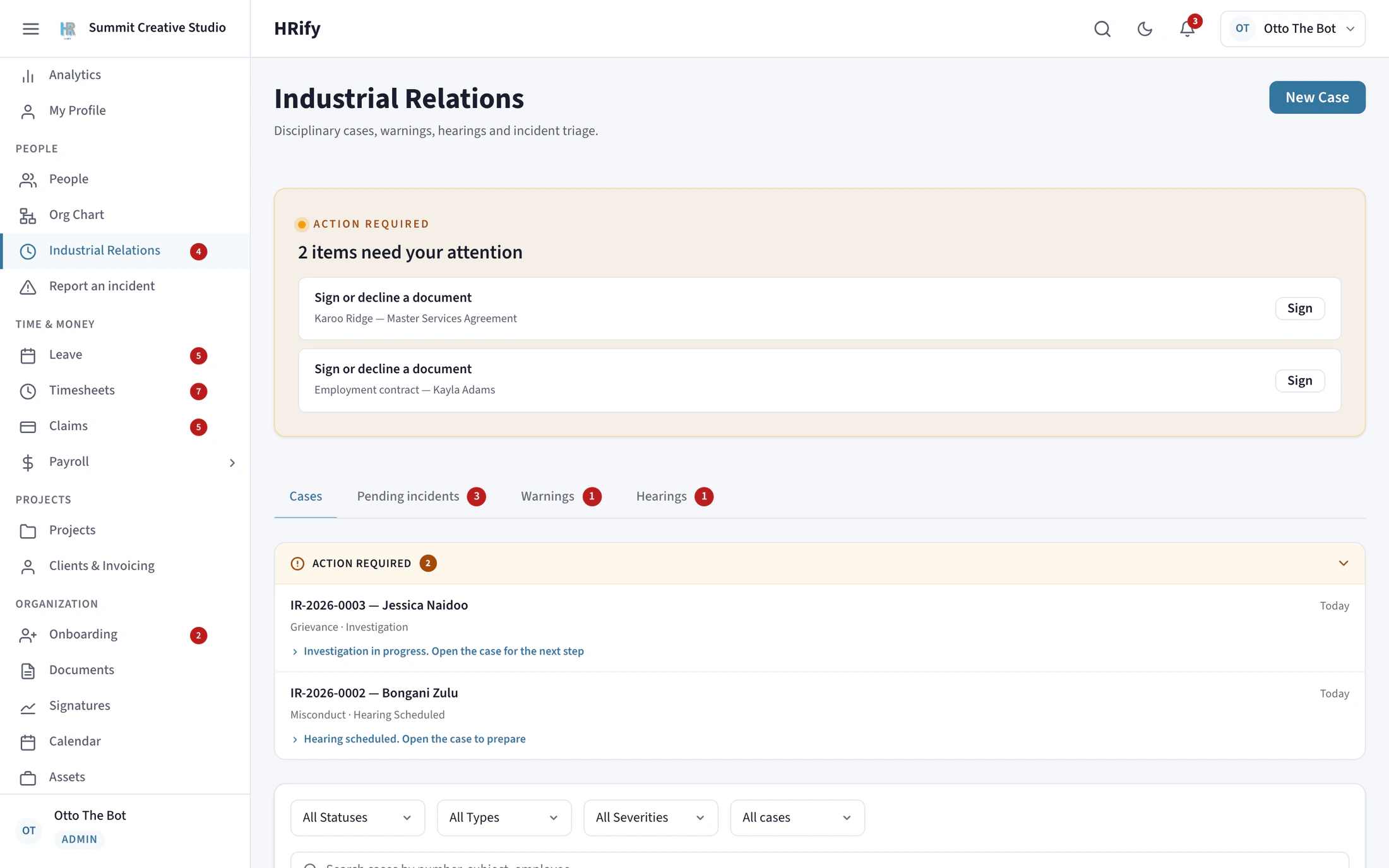 The Industrial Relations screen in HRify with disciplinary cases