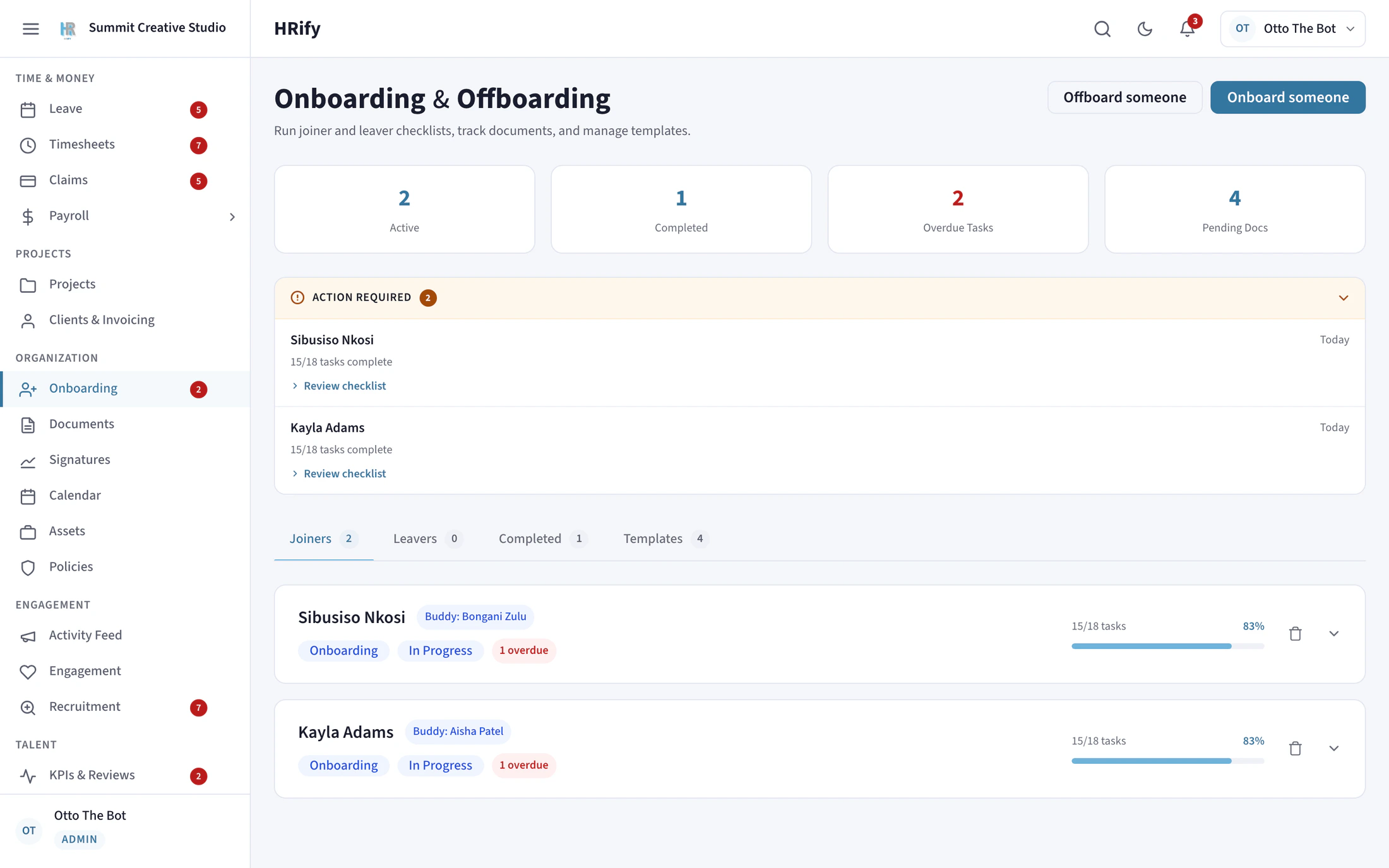 The Onboarding screen in HRify with a checklist for a new hire