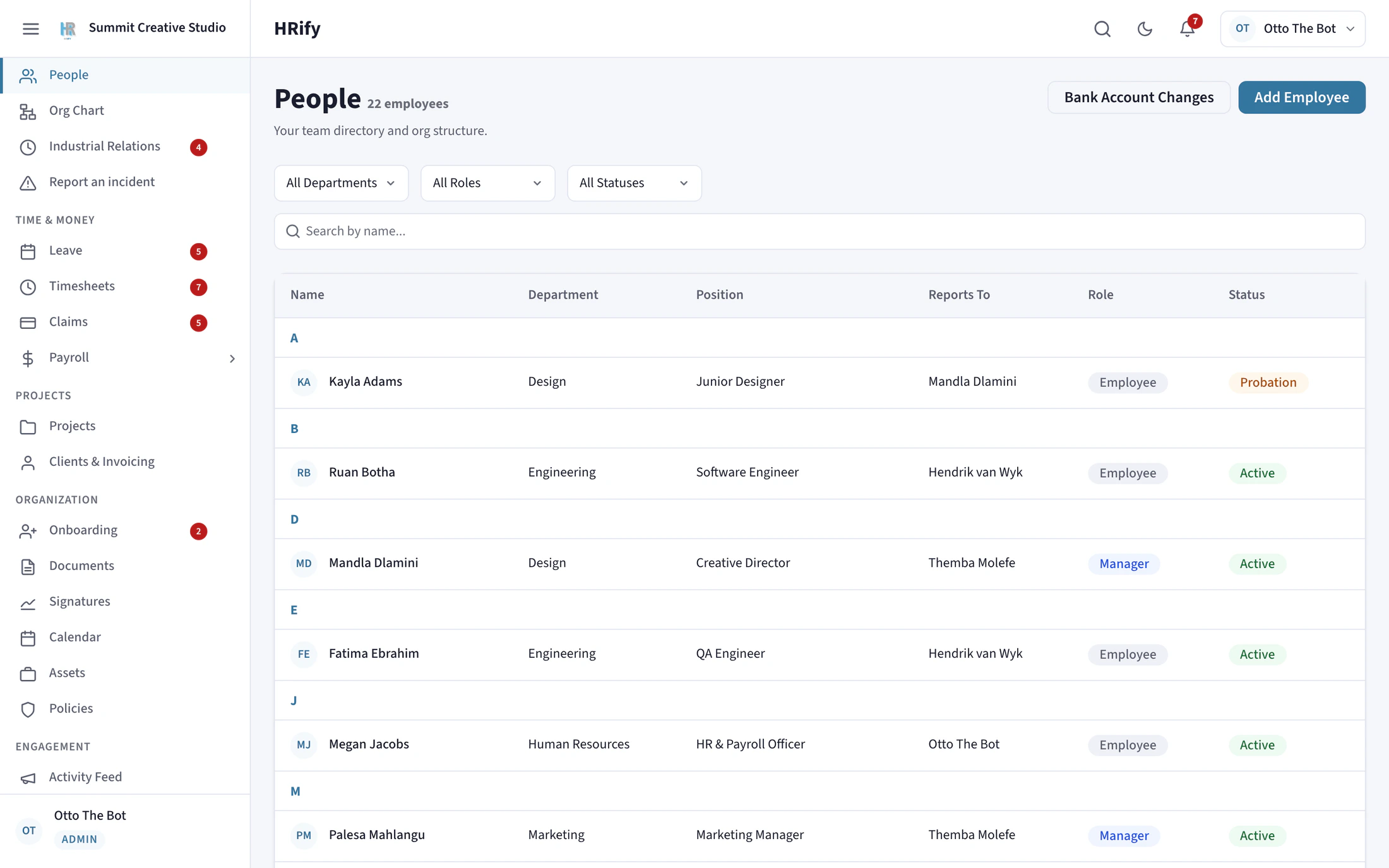 The People screen in HRify