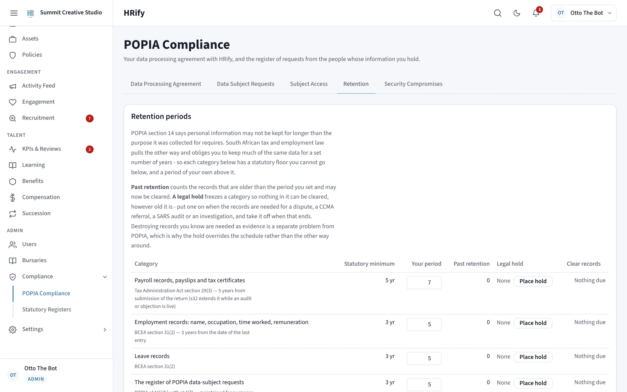 The HRify POPIA console with retention periods per record category